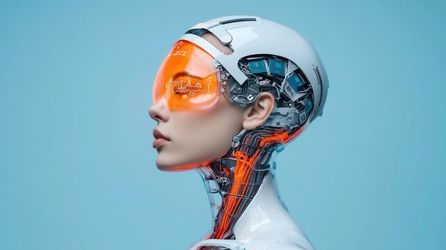Futuristic Female Cyborg Head with Neon Features and Advanced Technology Elements in Profile View