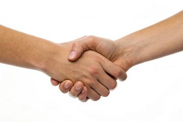 Professional handshake symbolizing agreement and partnership isolated on white background for business presentations and marketing materials