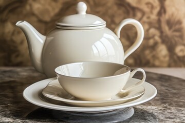 Elegant white ceramic tea set arranged on a marble table for design inspiration
