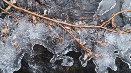 Intricate Frozen Landscape: Ice Formations on a Stream with Delicate Branches