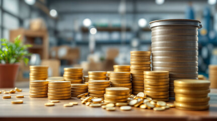 Pile of coins is lined up on the desk. Company uses cost saving measures without compromising the quality of its products or services. Detailed process and supply chain analysis.