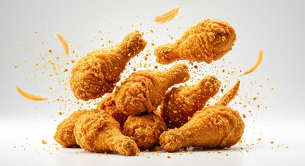 Delicious Crispy Fried Chicken Drumsticks in Motion with Feather Details
