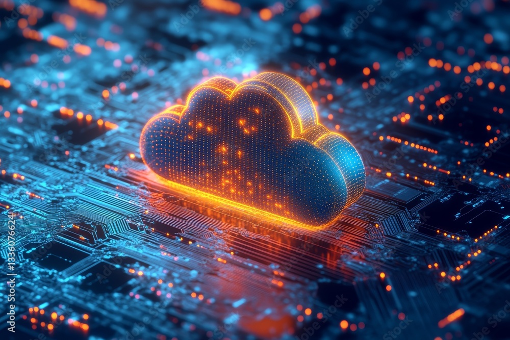 Poster 3d render of a data flowing cloud on circuit board concept for online storage technology
