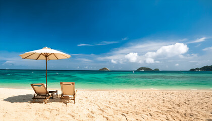 Fototapeta premium Two chairs banner on the beach