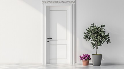 A white Apartment door with beautiful decorative trim on the top, front view, against a White wall background, product photography. There is a flower pot decoration next to the door