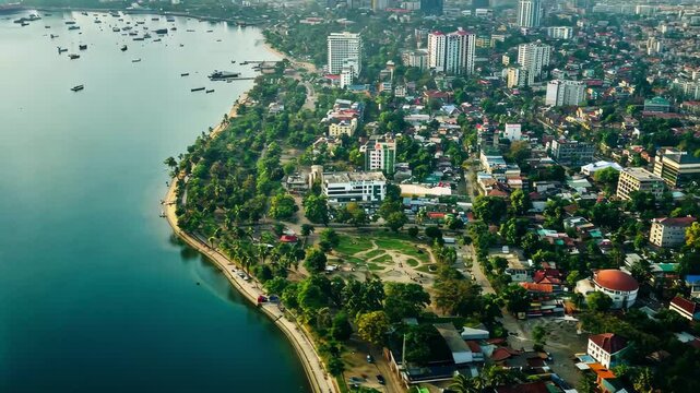 Exploring the serene coastal beauty of Dar es Salaam from an aerial perspective, aerial view of the haven of peace, city of Dar es Salaam