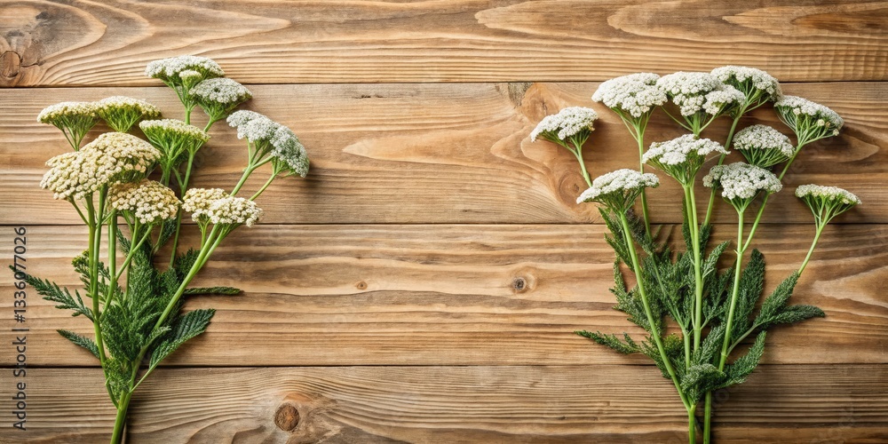 Poster minimalist flat lay of yarrow clusters on wooden texture for copy space design elements