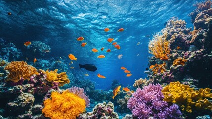 Naklejka premium Enchanting underwater vista with thriving coral reef and schools of colorful fish