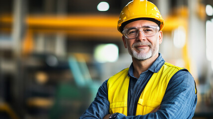 Confident industrial engineer in safety gear, embodying professionalism and workplace safety in a modern industrial setting.