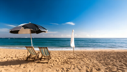 Fototapeta premium Two chairs banner on the beach