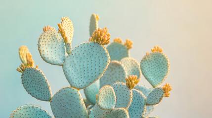 A vibrant, artistic depiction of a nopal cactus with rounded and overlapping pads, each covered in small