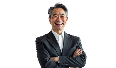 Smiling Japanese businessman portrait in suit, arms crossed, isolated on transparent background. Ideal for corporate website, business presentation, or professional profile picture.