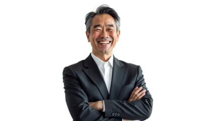 Smiling Japanese businessman portrait in suit, arms crossed, isolated on transparent background. Ideal for corporate website, business presentation, or professional profile picture.