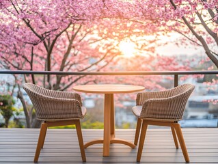 Outdoor patio seating with round table and wicker chairs overlooking cherry blossoms in bloom