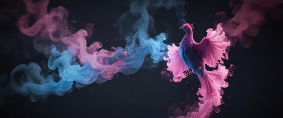 Fototapeta premium Glowing pink and blue smoke bird hovers eerily against blackness, glowing, darkness, bird
