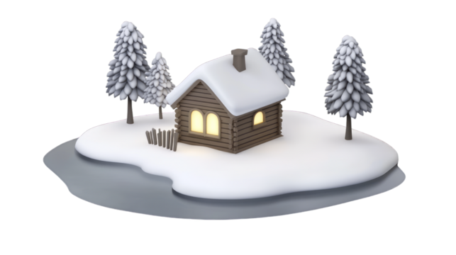 Charming 3D winter cabin surrounded by snow-covered trees and serene water. Perfect for holiday designs, cozy themes, and winter landscapes ideal for Christmas and seasonal projects.