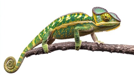 Obraz premium Colorful Chameleon on Branch Against White Background. Possible use Stock photo