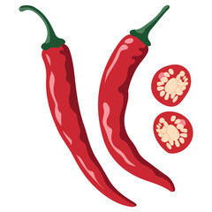 Red Chili Peppers Whole and Sliced Vector Design