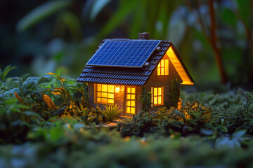 A small house model with solar panels on the roof, surrounded by lush greenery and illuminated from within
