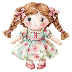 cute rag doll, children's toy clipart, watercolor style illustration with cartoon character , white background 