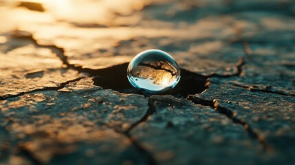 Crystal Clear Water Droplet on Cracked Dry Earth at Sunset Reflecting Warm Light and Nature's Beauty