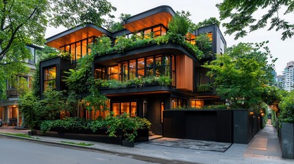 Fototapeta premium Modern architectural design of a sustainable home with lush greenery and illuminated spaces at dusk