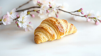 Golden Croissant and Cherry Blossoms