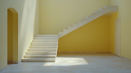 Fototapeta premium Modern Minimalist Interior White Stairs Yellow Walls