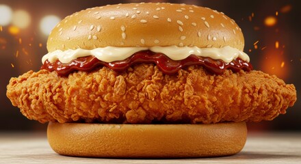 Crispy Fried Chicken Sandwich with BBQ Sauce and Mayo on Sesame Bun