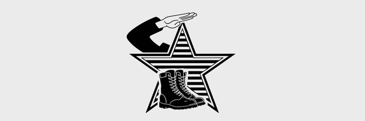 Vector illustration of a salute, star with stripes, and combat boots – Great for armed forces recognition, military pride content, or veteran appreciation materials.