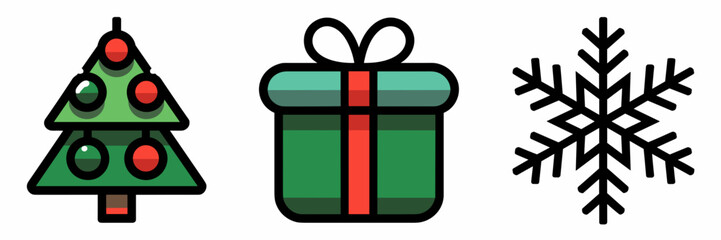 Vector icons of a Christmas tree, wrapped gift, and snowflake in a festive style