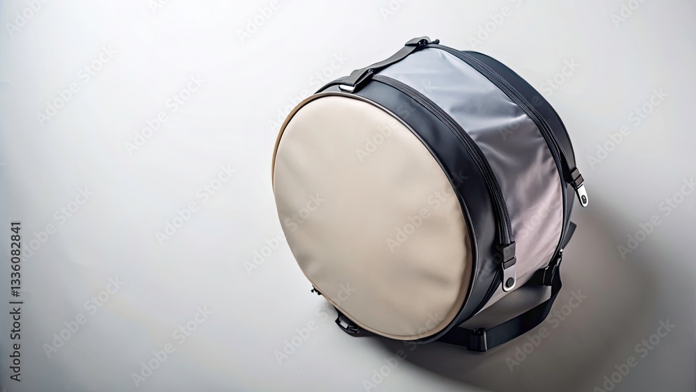 Poster modern above-shot of a drum bag on white background, symmetrical flat lay for creative design, futur