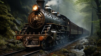 Obraz premium A classic steam locomotive chugging through a forest