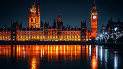 Fototapeta premium Night Cityscape Illuminated Building Reflection