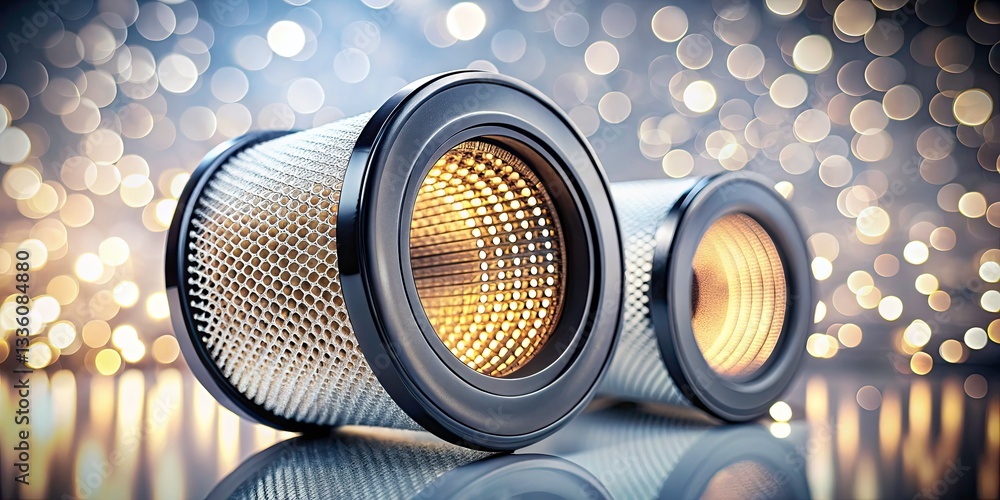 Poster modern overhead view of particulate filters with bokeh effect for clean technology and design, macro