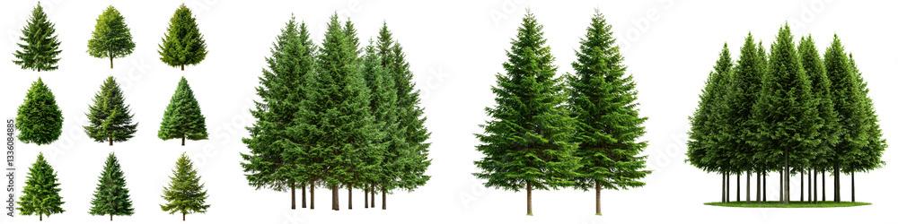Poster a collection of various evergreen coniferous trees including pine fir and spruce growing in a dense 