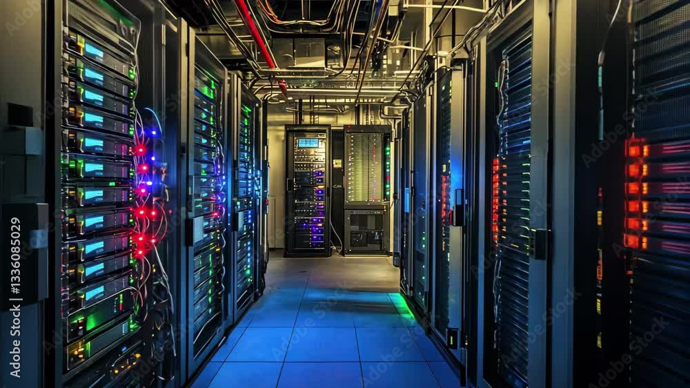 Poster digital data processing and storage in a modern computer server room illuminated with colorful light