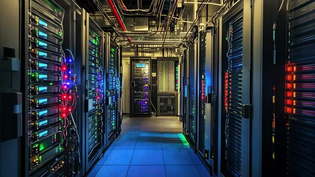 Digital data processing and storage in a modern computer server room illuminated with colorful lights, digital data processing over computer servers