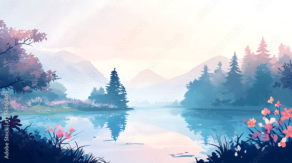 Aufkleber a serene landscape featuring a calm lake surrounded by mountains and trees, illuminated by soft past