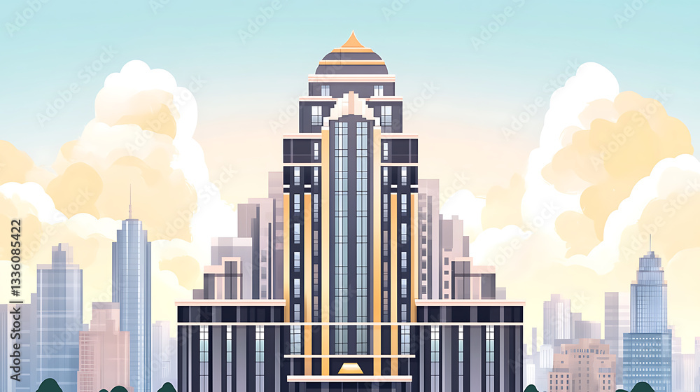 Poster a modern skyscraper with a unique design, surrounded by other buildings and a clear blue sky dotted 
