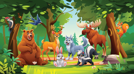 Jungle forest scene with various animals, including bear, deer, rabbit, and more. Vector cartoon character illustration