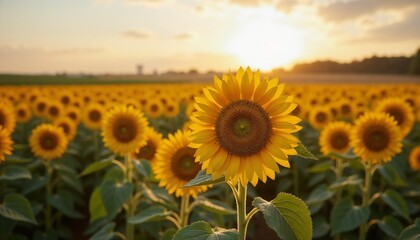 Fototapeta premium Sunflowers in field with warm mood blooming at sunset