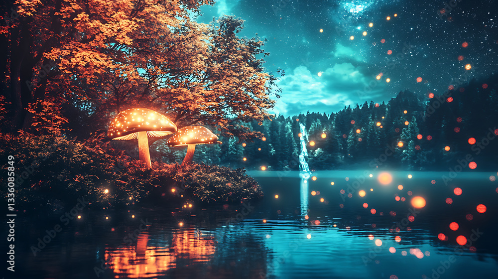 Poster a serene night scene featuring glowing mushrooms by a lake, surrounded by vibrant trees and a starry