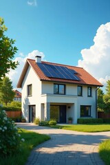 Modern suburban house with solar panels on rooftop during sunny day, power, residential, green