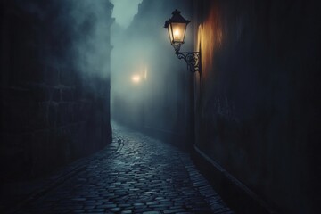 Mysterious foggy night in an old city  a dark alleyway with gothic architecture and gas lamp © Daria