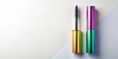 Naklejka premium Modern Futuristic Mascara Tube Product Photography - Flat Lay, Colored Cosmetics, Beauty Packaging Design
