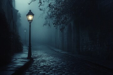 Mysterious dark cobblestone street with eerie lamppost and haunting fog for spooky themes