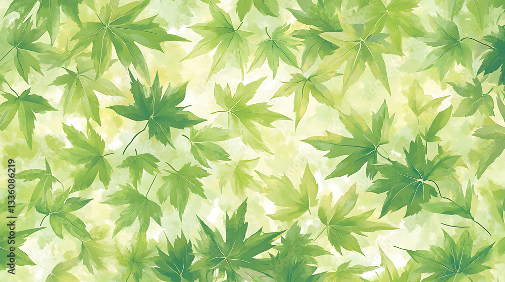 Poster a vibrant pattern of green maple leaves, creating a lush and serene atmosphere