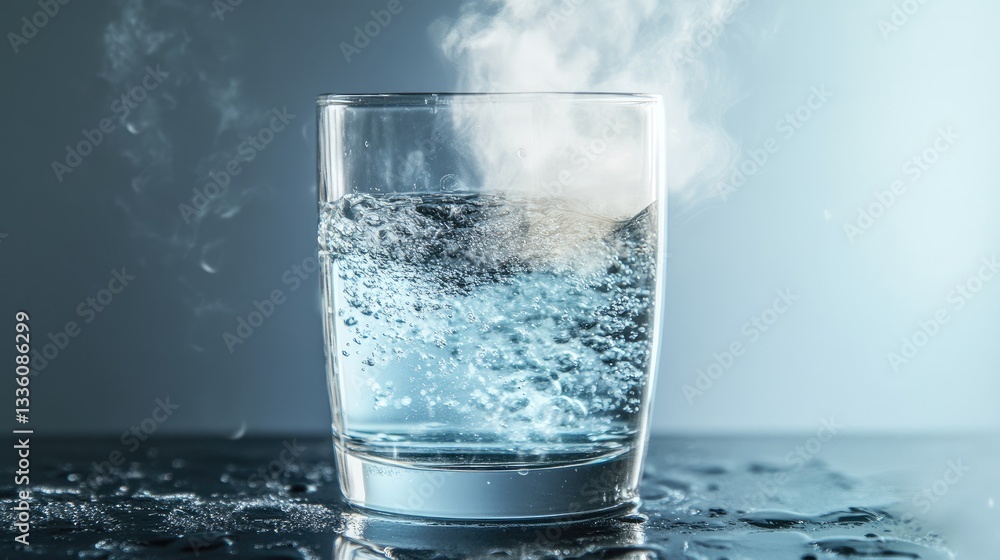 Aufkleber close-up of water in glass with steam and bubbles creating dynamic visual effect on surface