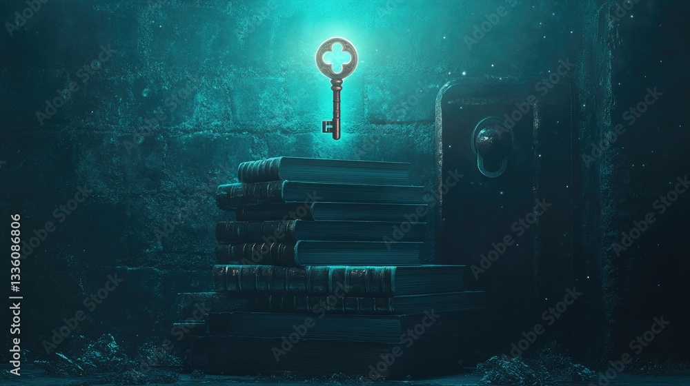 Aufkleber mysterious key floating above ancient books in mystical light in dark room setting